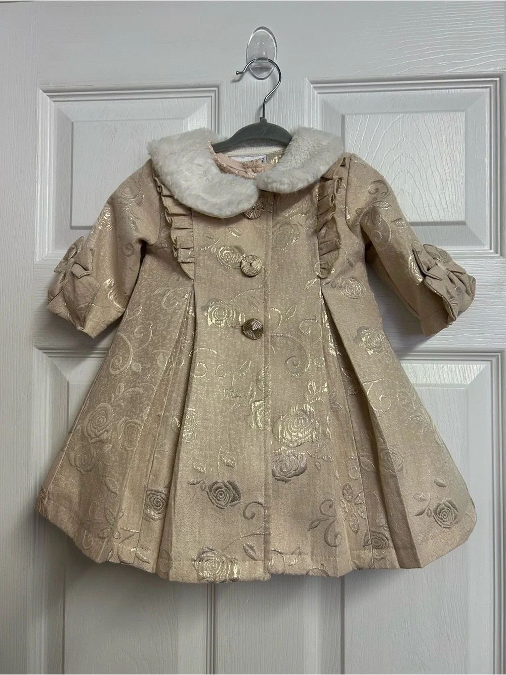 Blueberi Boulevard Champagne Dress With Roses and Coat With Roses Print